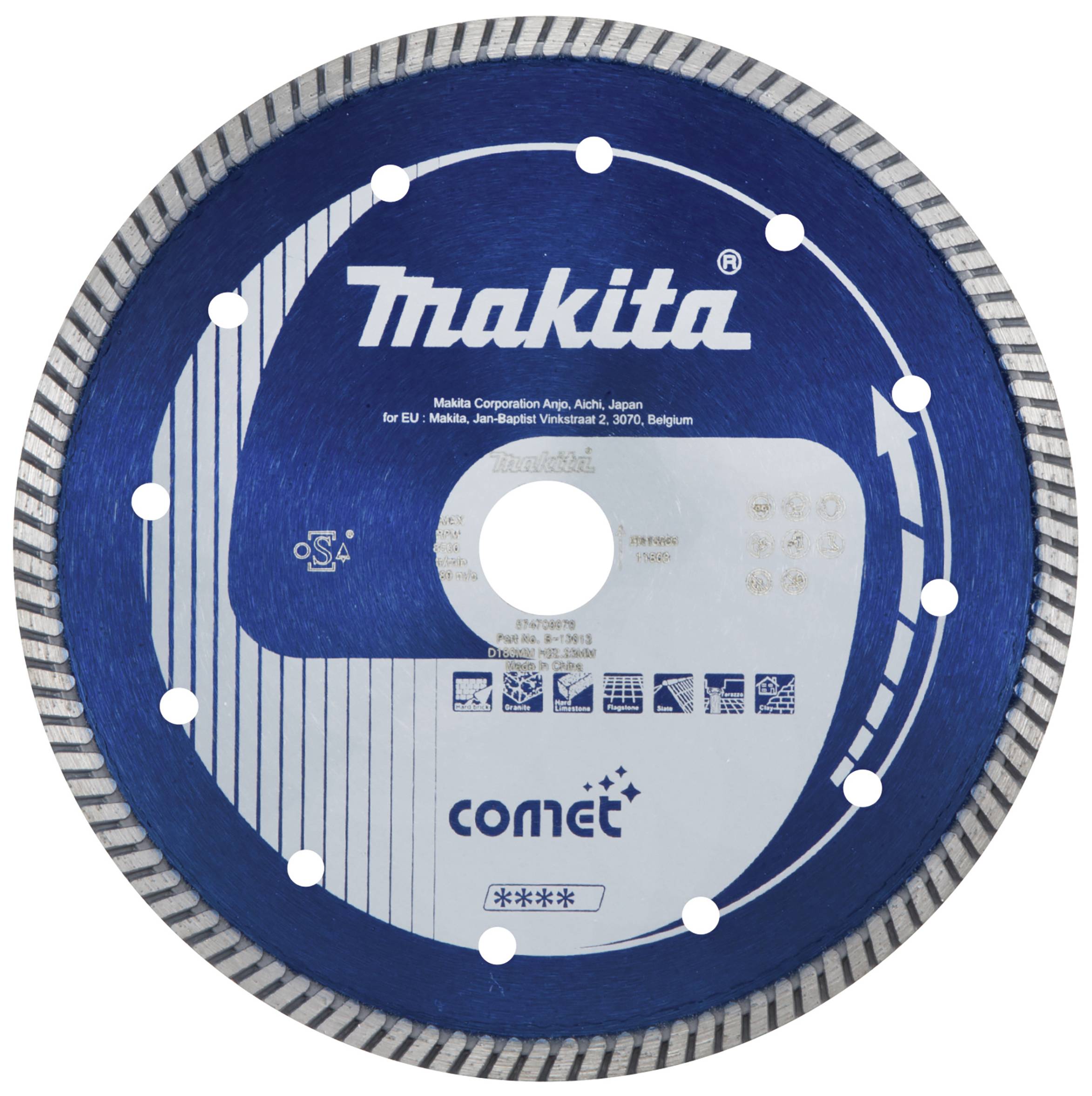 Un disco da taglio diamantato Makita blu con denti sul bordo. Riportante le scritte 'Makita' e 'comet'. Adatto per uso professionale.