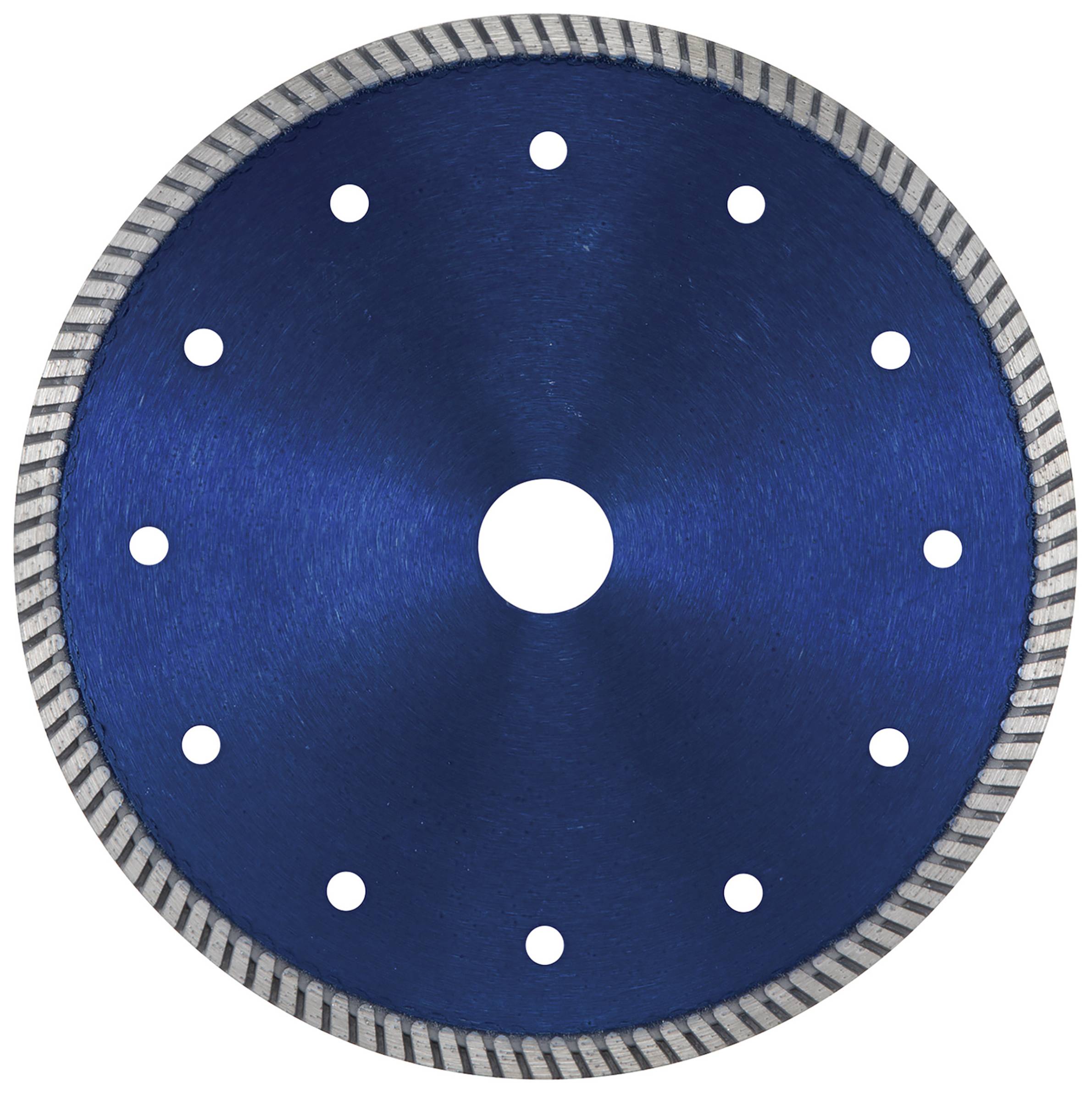 Un disco da taglio rotondo, blu, con bordo dentellato e diversi fori intorno al centro. Principalmente utilizzato per il taglio di materiali.