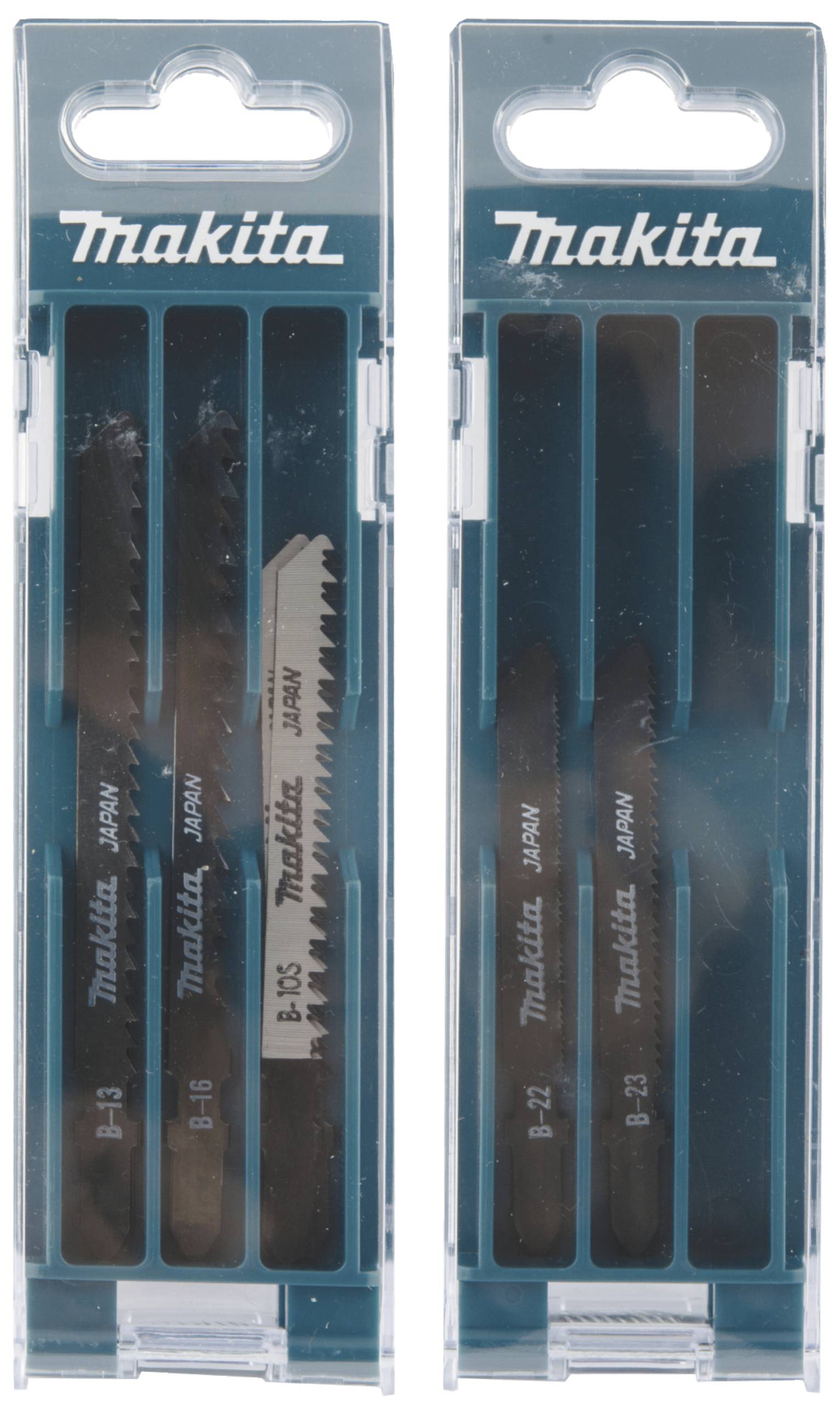 Set di lame per seghetto alternativo 'Makita' in scatole di plastica blu. Ogni scatola contiene più lame per diversi materiali.