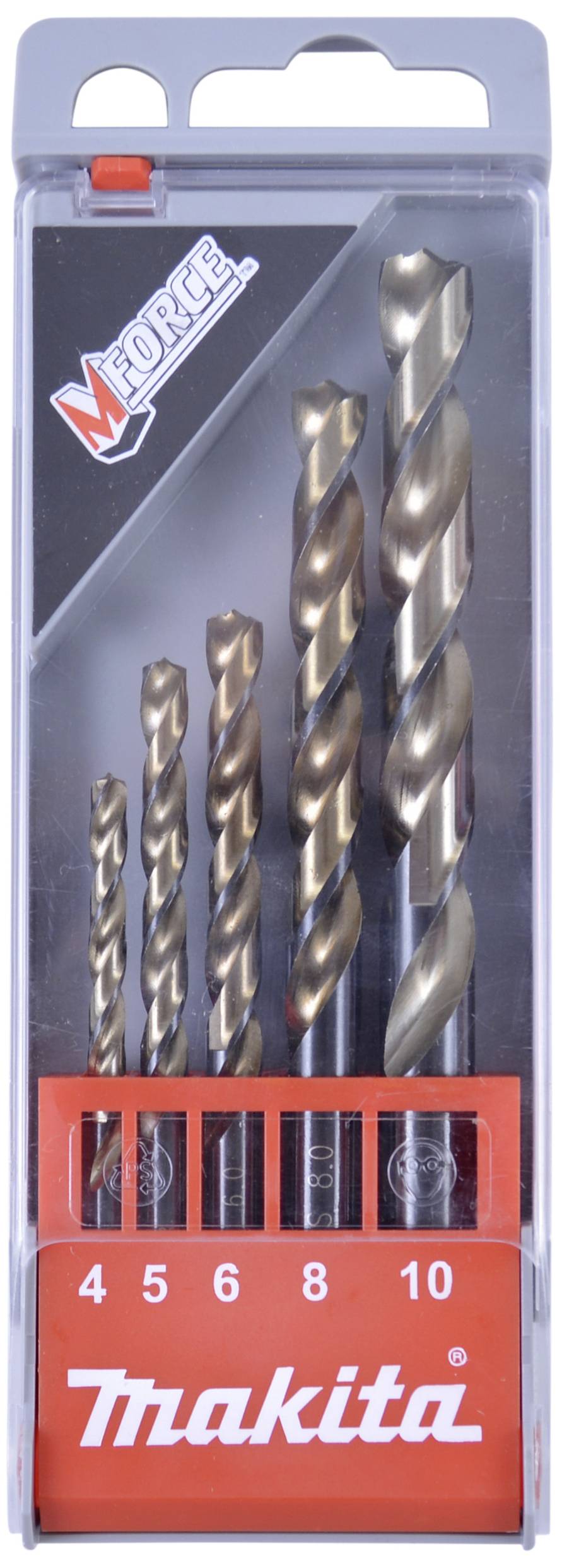 Set di punte in una scatola trasparente con punte impilate; misure 4, 5, 6, 8 e 10 mm; marca 'Makita'.