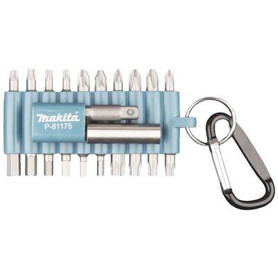 Un supporto per bit Makita blu con 13 diversi inserti per viti e un moschettone per l'aggancio.