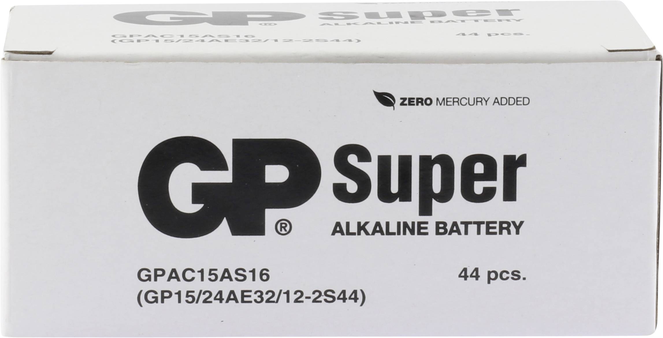 Confezione di 'Batterie Alcaline GP Super', 44 pezzi, con la scritta 'Zero Mercurio Aggiunto', nome del prodotto e specifiche tecniche.