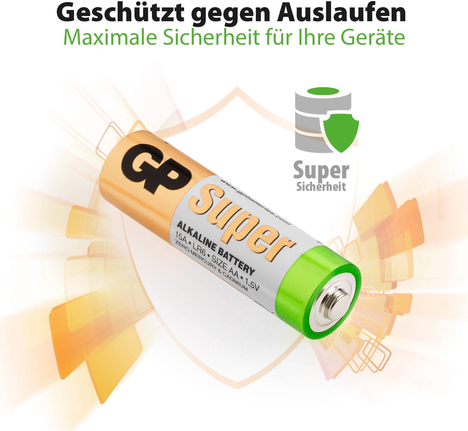 Batterie Super Alkaline GP, protette contro la fuoriuscita, offrono la massima sicurezza per i dispositivi.