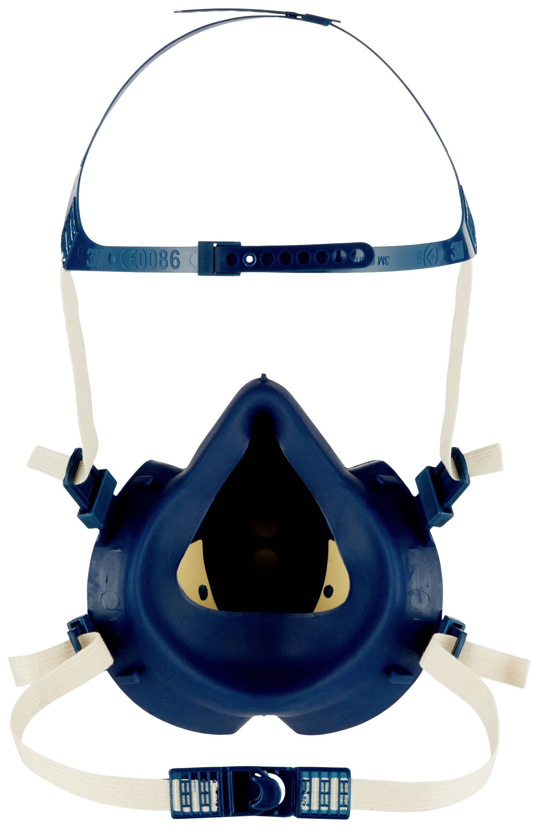 Una maschera protettiva blu con cinghie regolabili e chiusura di sicurezza, appartenente ai dispositivi di protezione individuale.