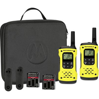 Kit di ricetrasmittente Motorola con custodia da trasporto nera, due walkie-talkie gialli, stazioni di ricarica e pacchi batteria.