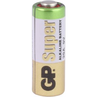 Una singola batteria alcalina GP Super, tipo 9V, con custodia verde-argentata e scritta del marchio visibile.