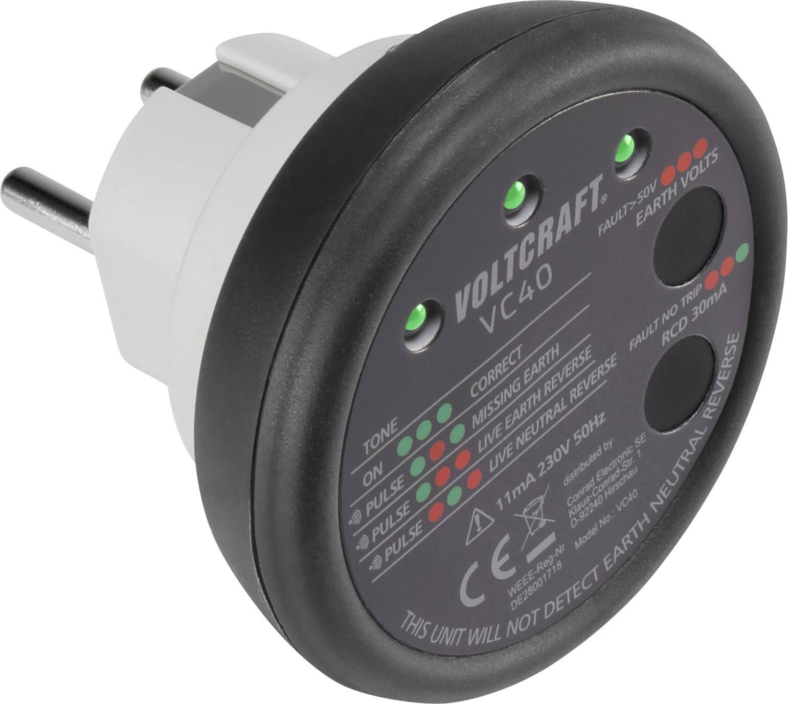 Un tester per prese elettriche indica tramite LED lo stato della messa a terra, fase e conduttore neutro. Tipo di dispositivo: Voltcraft VC40.