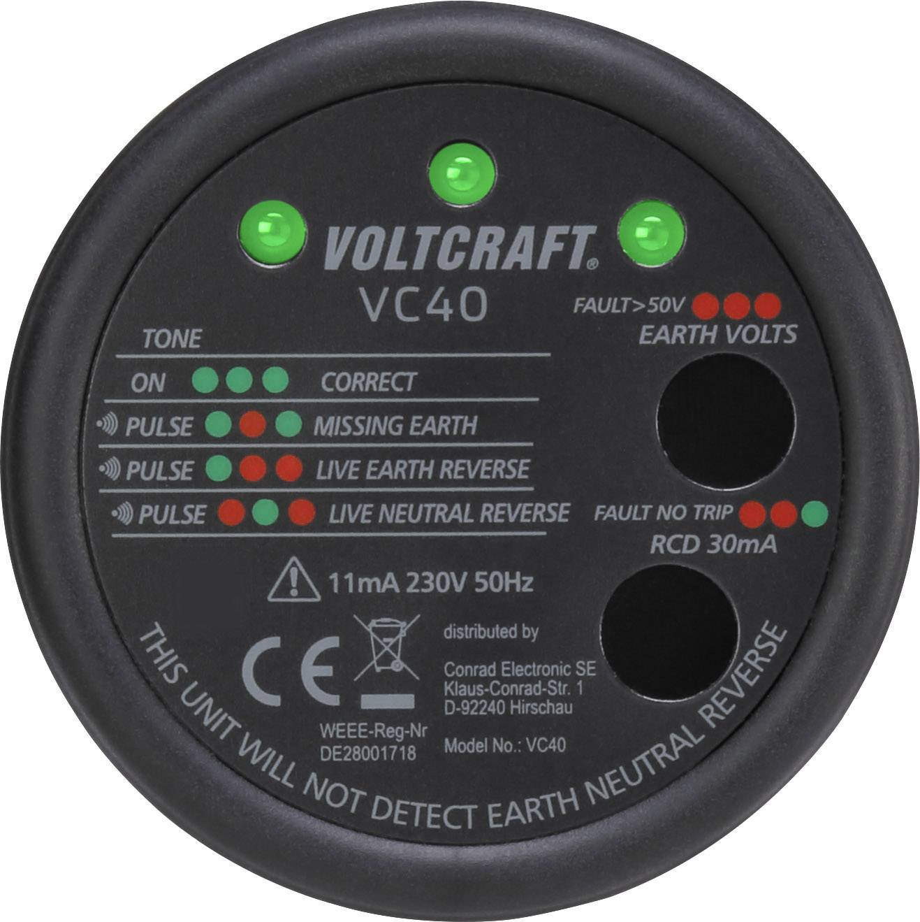 Dispositivo di verifica Voltcraft VC40 indica mediante display LED il cablaggio corretto o errori come assenza del conduttore di protezione o inversione di fase.