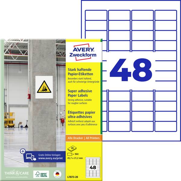 Avery-Zweckform L7873-20 Etichetta super resistente 45.7 x 21.2 mm Carta Bianco 960 pz. A tenuta permanente, A tenuta forte Stampante a getto d'inchiostro, Stampante laser, Stampante laser a colori, Fotocopiatrice, Stampante a colori, Dicitura a mano