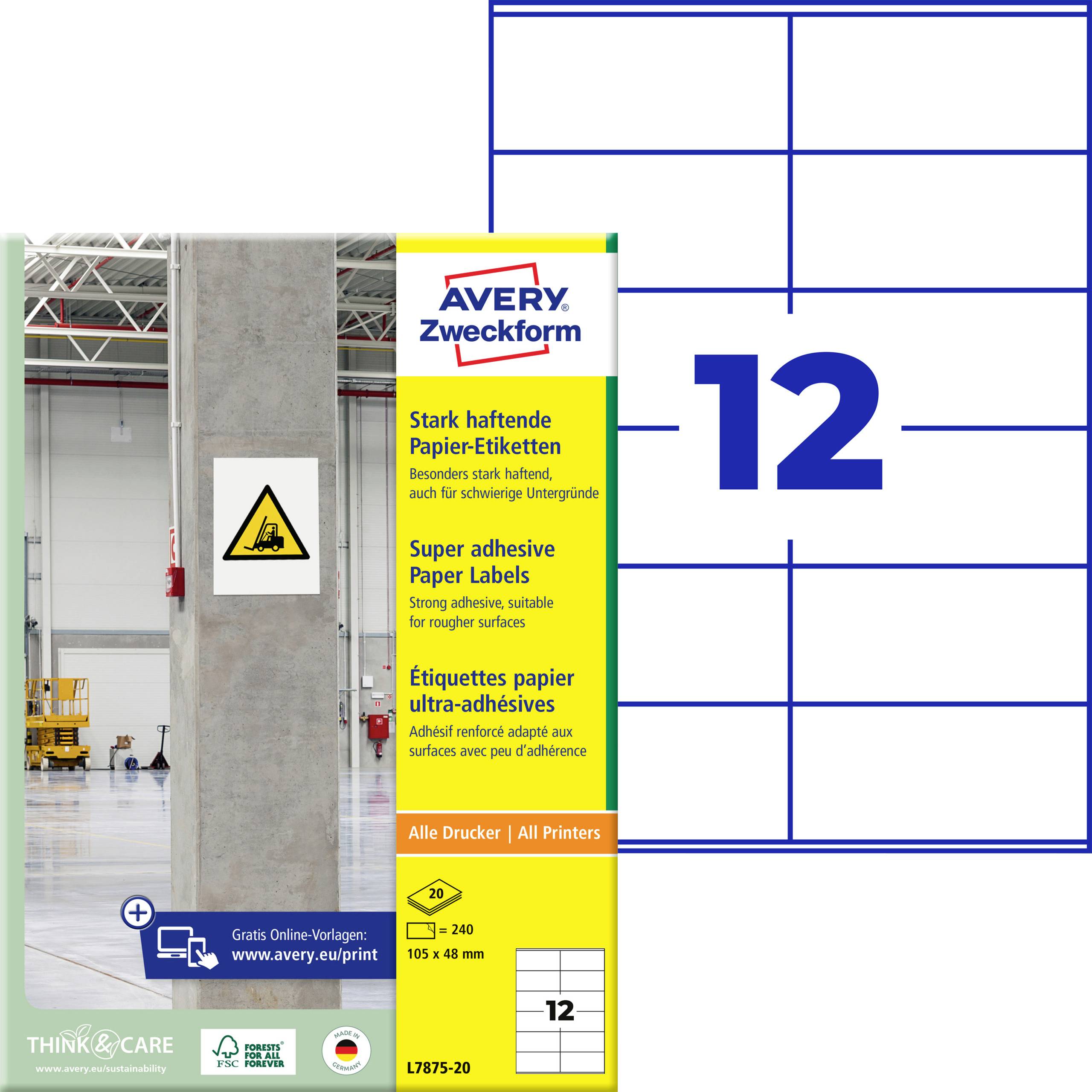 Modello di etichetta foglio Avery Zweckform per stampanti, che mostra un layout con 12 etichette con un grande "12" e confezione del prodotto per etichette di carta adesiva forte.