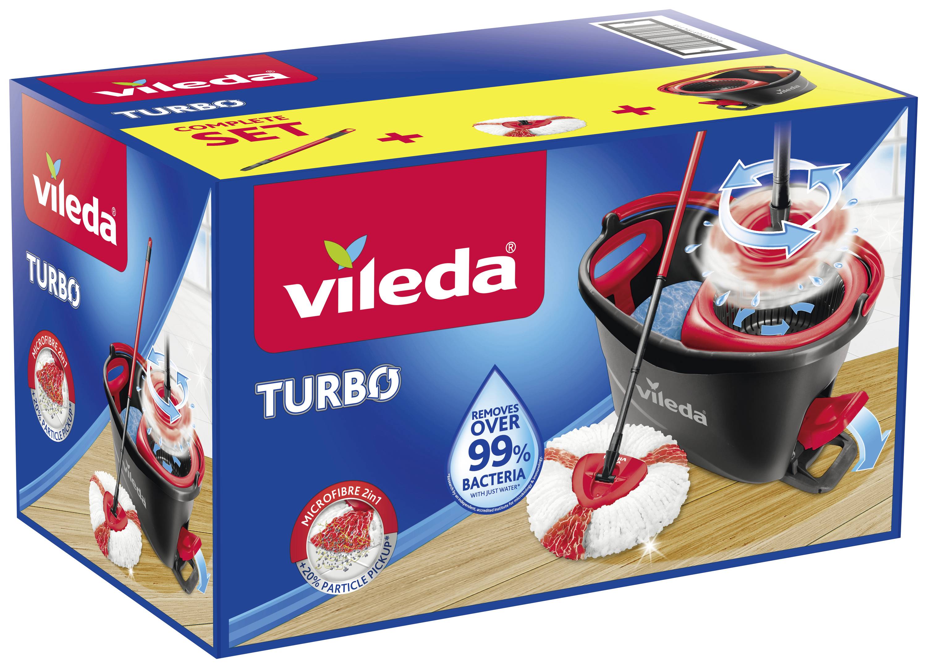 Confezione del set completo Vileda Turbo. Mostra un mocio e un secchio con sistema di centrifuga per la pulizia, rimuove oltre il 99% dei batteri.