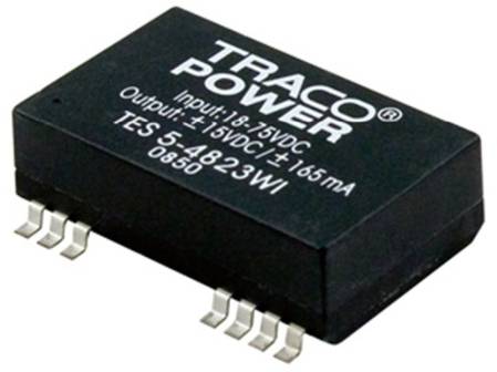 Chip elettrico compatto con la scritta 'TRACO POWER', specificato per ingresso 18-75V DC e uscita ±15V DC, 165mA.