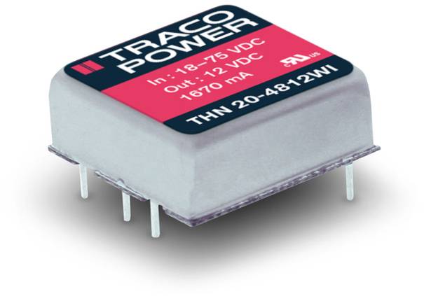 Un convertitore di tensione elettronico di TRACO POWER. Iscrizione: 'In: 18-75 VDC, Out: 12 VDC, 1870 mA'. Modello: THN 20-4812WI.