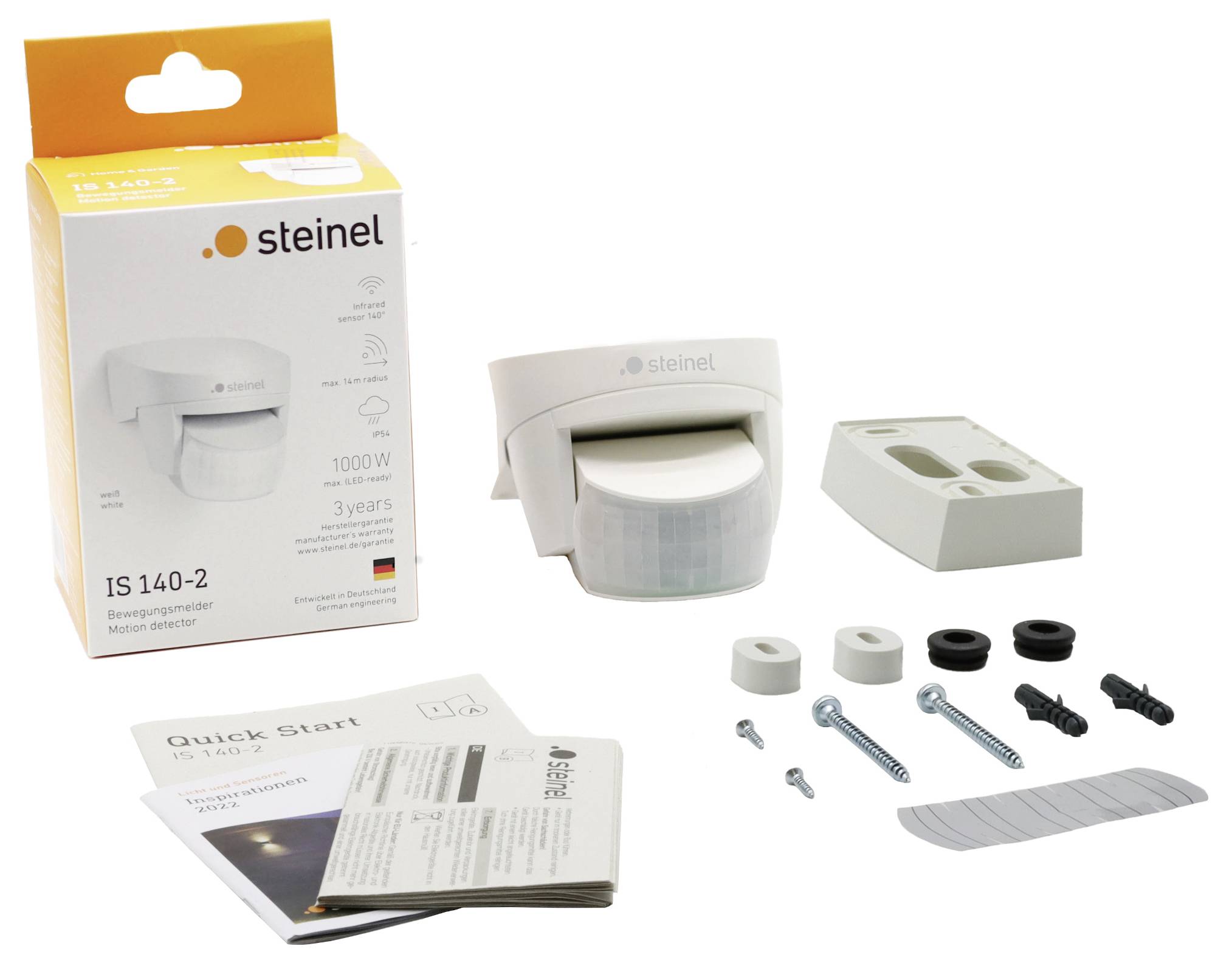 Pacchetto sensore di movimento Steinel IS 140-2 con rilevatore, accessorio di montaggio, viti e manuale di avvio rapido disposti su uno sfondo bianco.