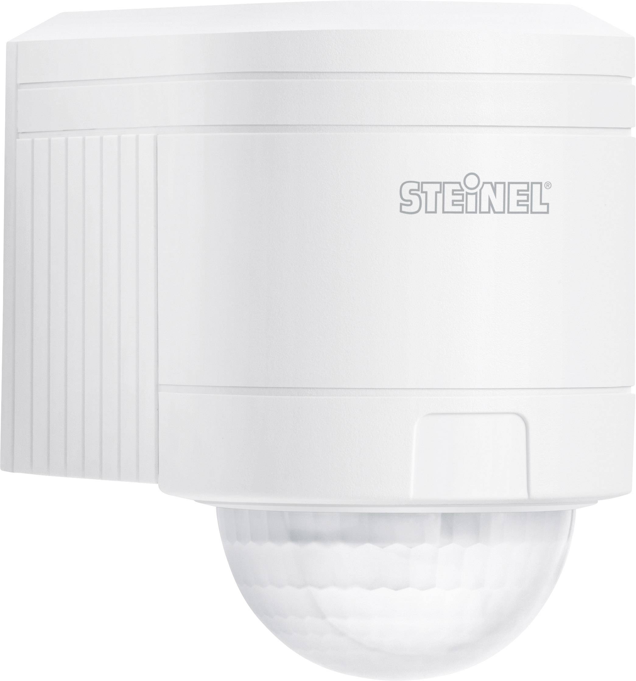 Un rilevatore di movimento bianco del marchio Steinel con copertura del sensore arrotondata. Ideale per il monitoraggio di aree interne ed esterne.
