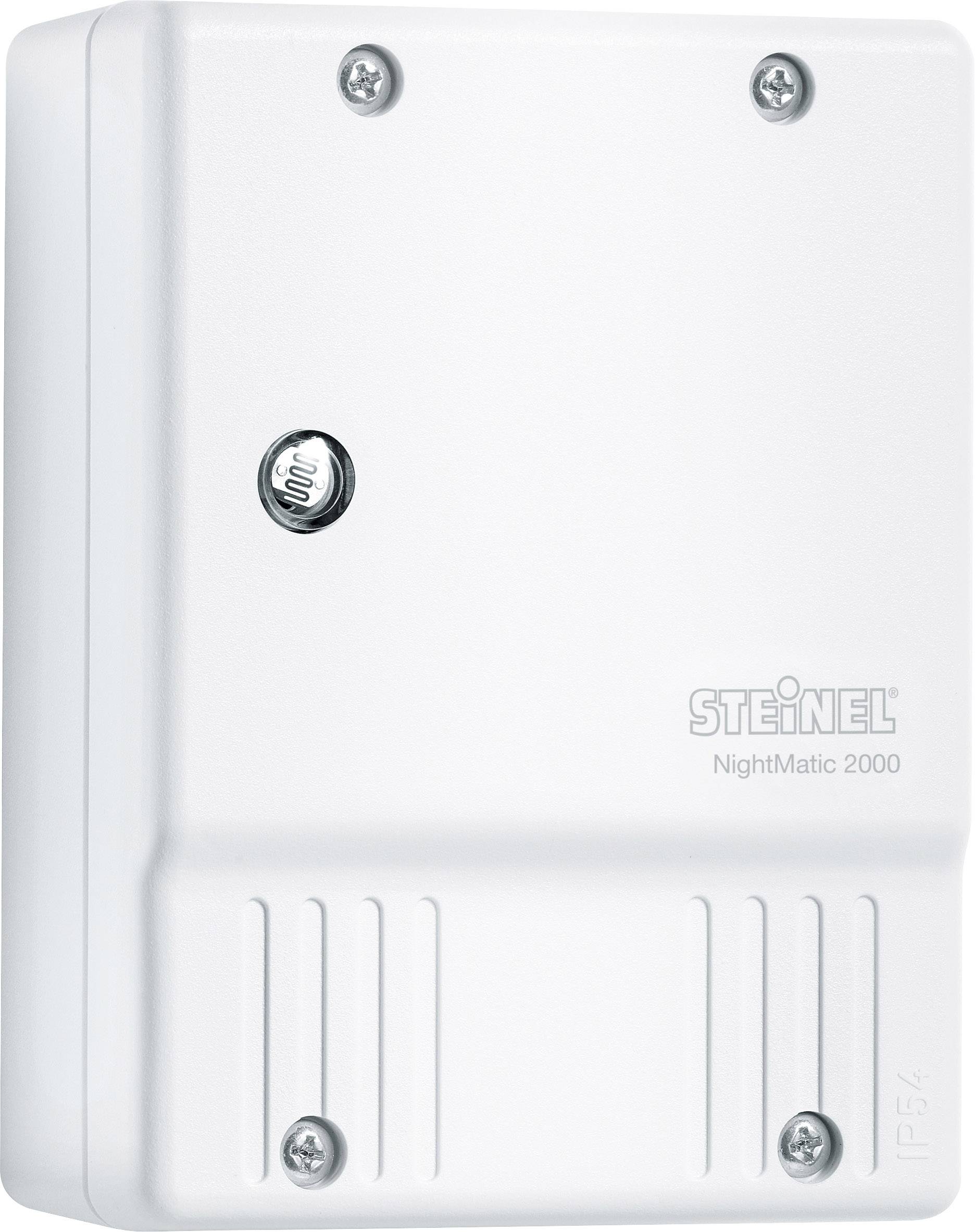 Un sensore bianco con la scritta 'STEINEL NightMatic 2000', fissato con quattro viti, per il controllo automatico dell'illuminazione.
