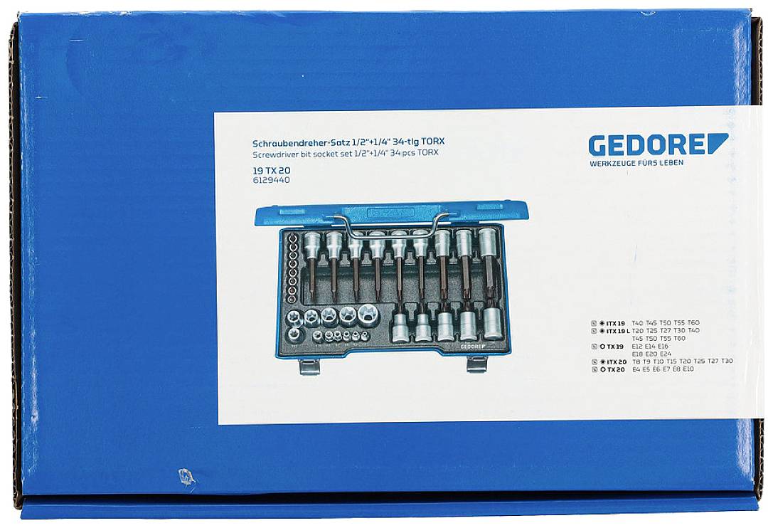 'Set di cacciaviti Gedore 1/2"-1/4" 34 pezzi con TORX, blu, illustrazione di bussole e utensili all'interno della valigetta sulla confezione.'