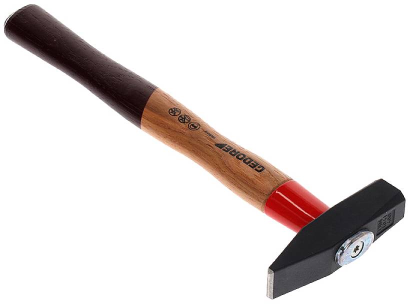 Martello con impugnatura in legno marrone, collo rosso e testa nera.