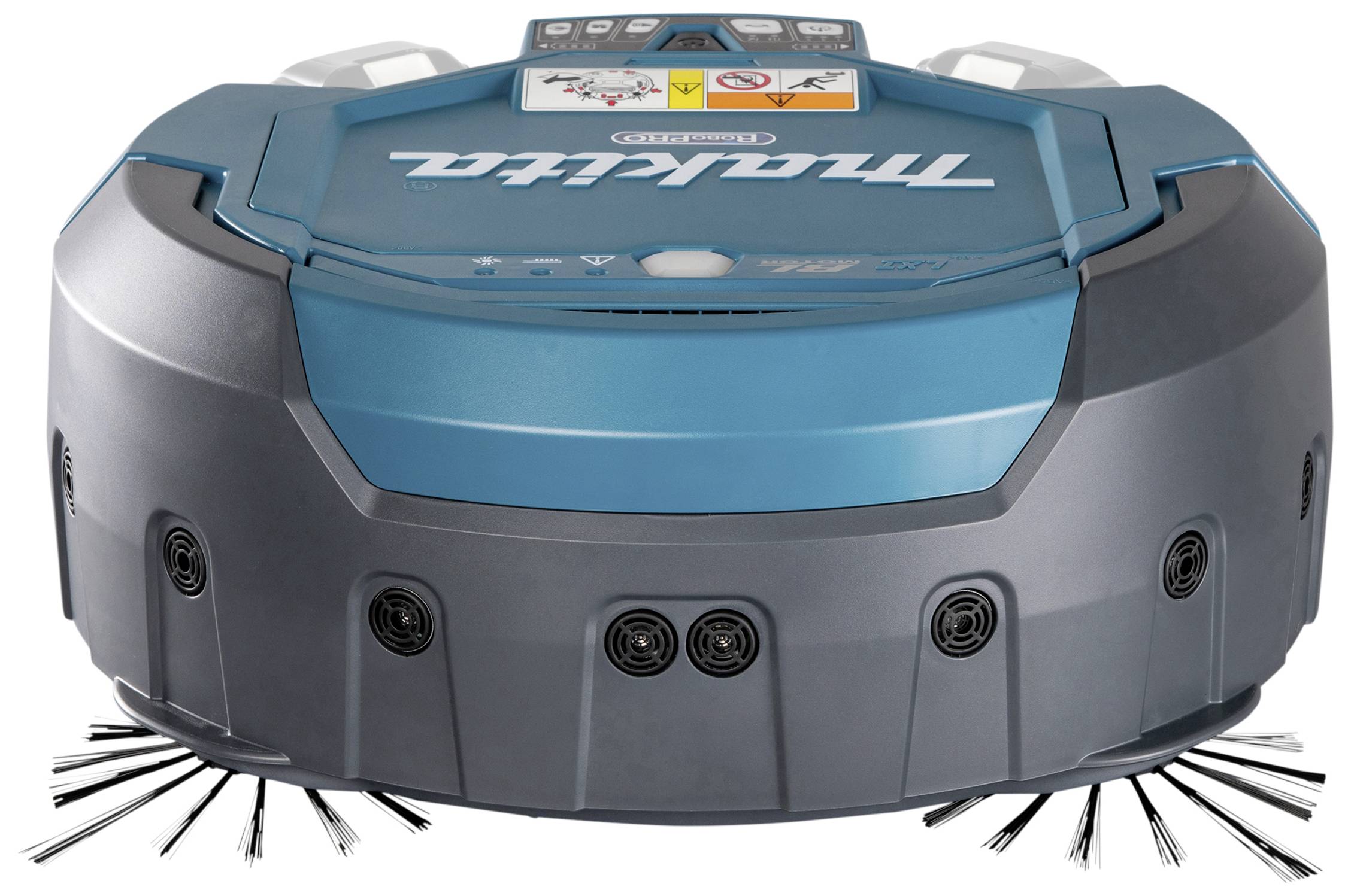 Un aspirapolvere robotico rotondo blu su sfondo bianco. La scritta sulla parte superiore recita 'Makita'. A sinistra e a destra sono visibili delle spazzole.