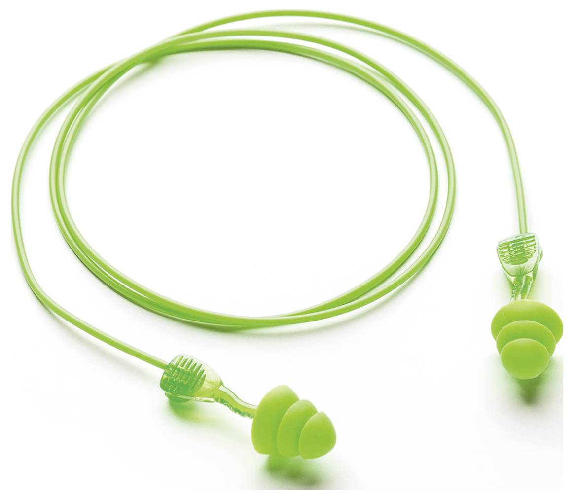 Un paio di tappi auricolari verdi collegati da un cordino flessibile.