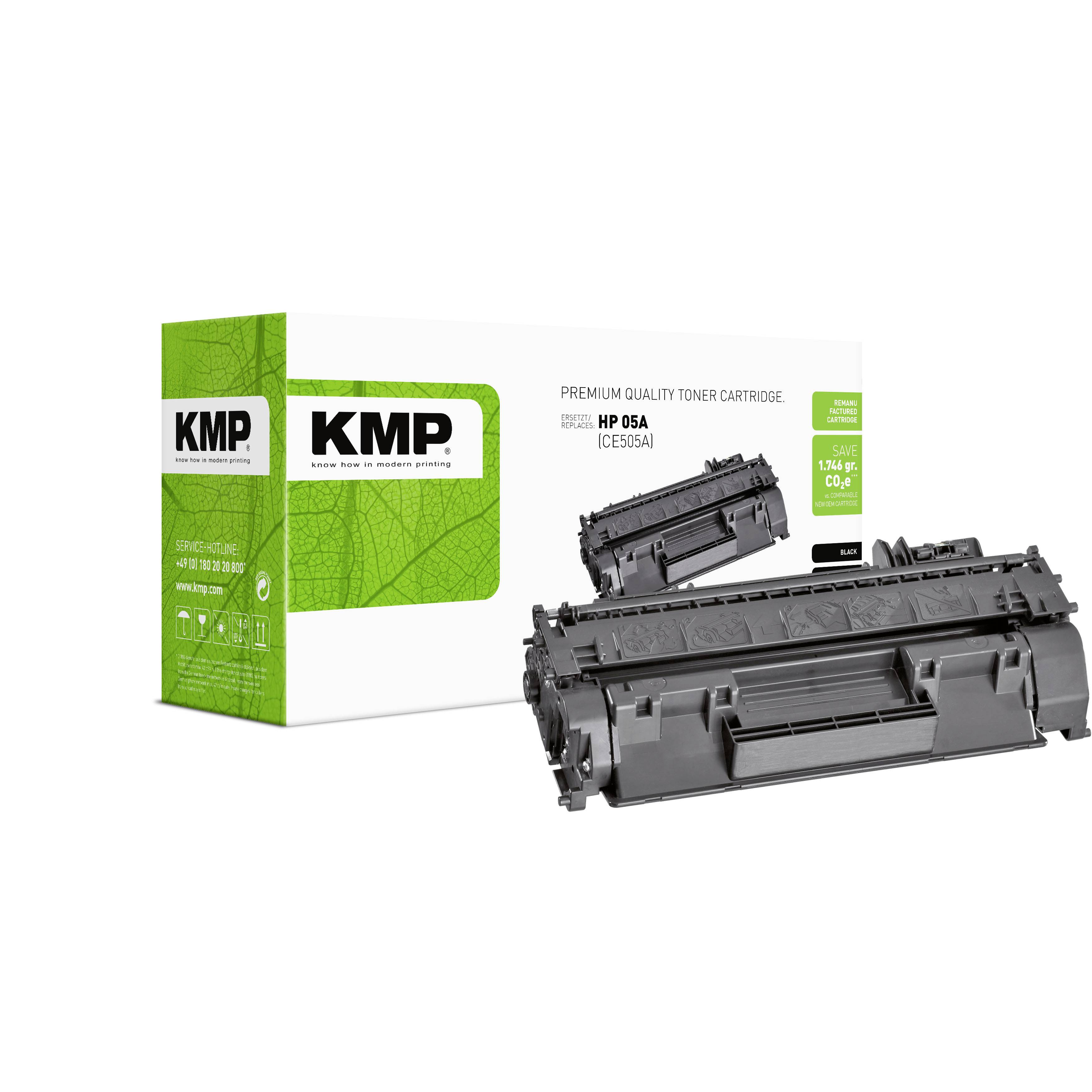 Confezione di cartuccia di toner di qualità premium KMP e due cartucce di toner compatibili HP 05A nere su sfondo bianco.
