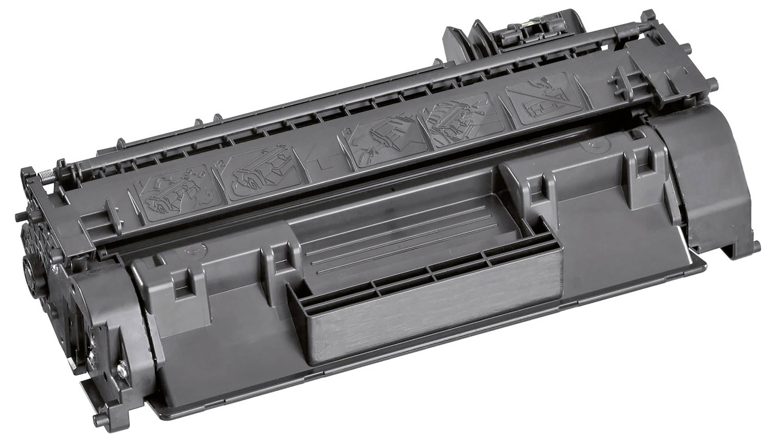 Cartuccia di toner per stampante nera mostrata isolata su sfondo bianco, inclinata per visualizzare il fronte e la parte superiore.