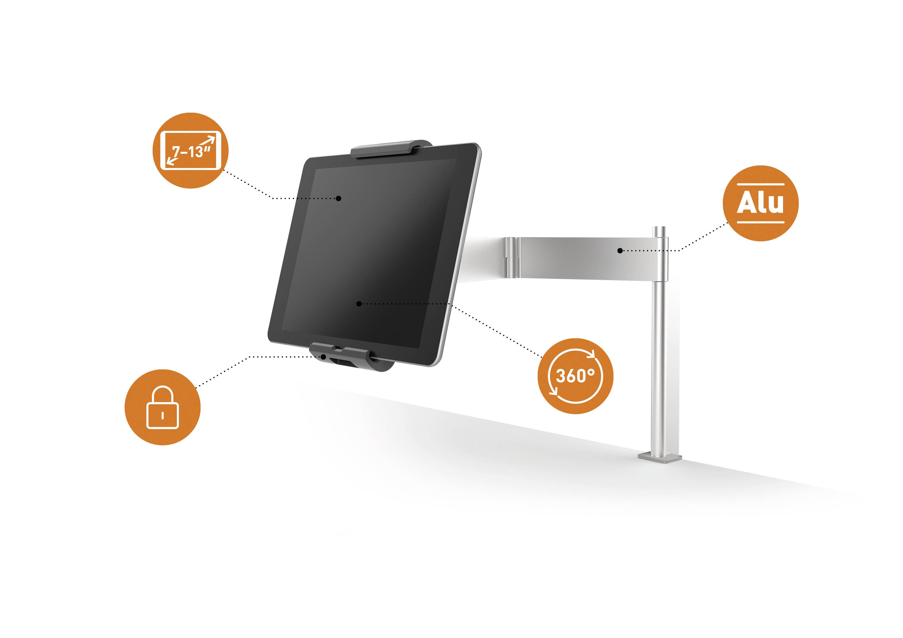 Supporto per tablet in alluminio, rotabile a 360 gradi, adatto per tablet da 7-13 pollici, con chiusura di sicurezza.