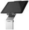 Un tablet moderno montato in un supporto grigio su un piedistallo.