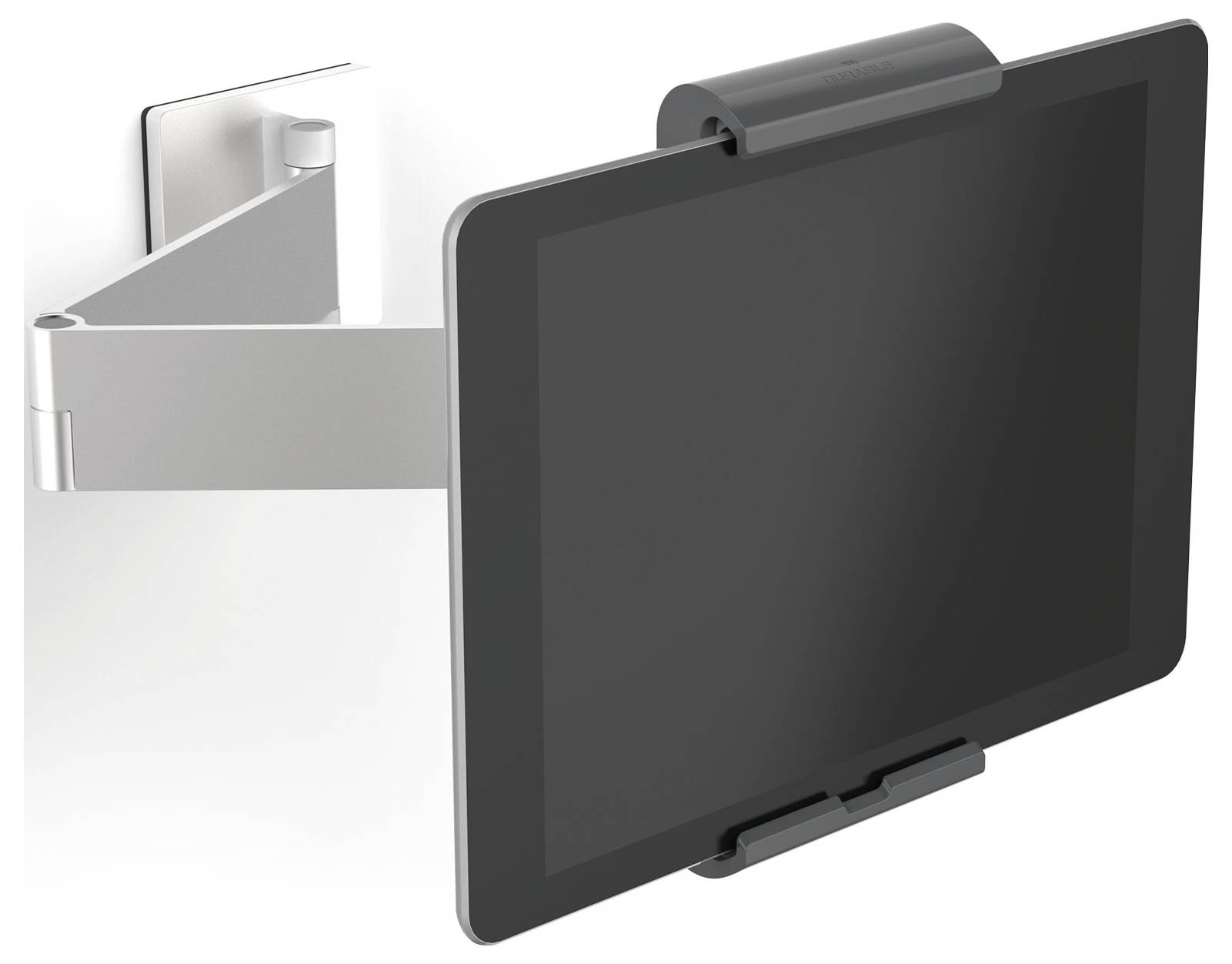 Supporto per tablet a parete, che mostra un tablet in orientamento orizzontale. È realizzato in metallo con un supporto nero per il dispositivo.