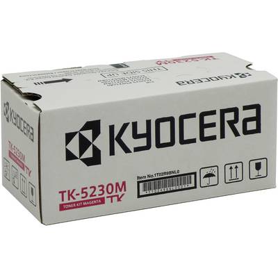 Kyocera Tonerbox TK-5230M, magenta. Confezione con marchio e informazioni sul prodotto. Adatto per specifici modelli di stampanti.