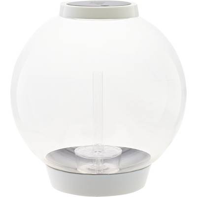 Un dispositivo elettronico chiaro e rotondo con base bianca, che somiglia a un umidificatore o a un diffusore.