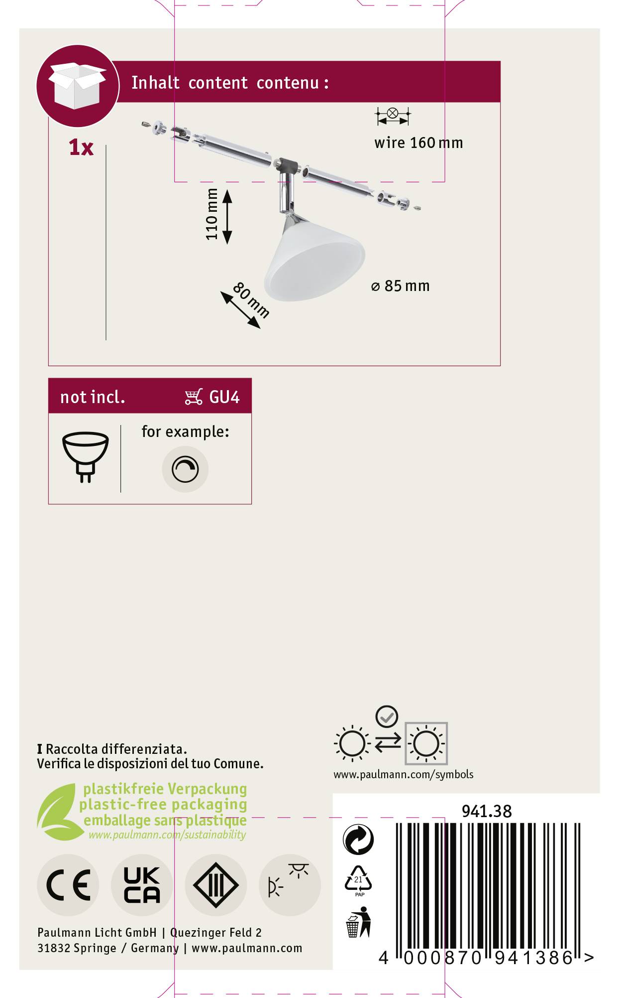 'Confezione del prodotto per faretto, mostra le dimensioni: larghezza 160 mm, Ø 85 mm. Contiene 1 faretto senza lampadina GU4. Confezione priva di plastica.'