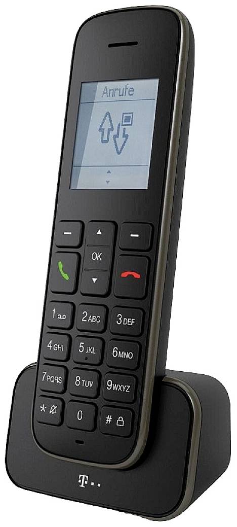 Telefono cordless fisso su stazione di ricarica, display che mostra 'Chiamate', con tastiera numerica e tasti funzione.