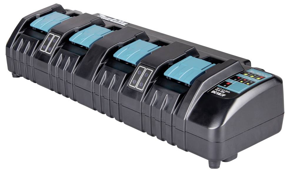 Caricabatterie multiplo con cinque slot per la ricarica di batterie, dotato di LED per l'indicazione dello stato di carica, idoneo per utensili o dispositivi elettrici.
