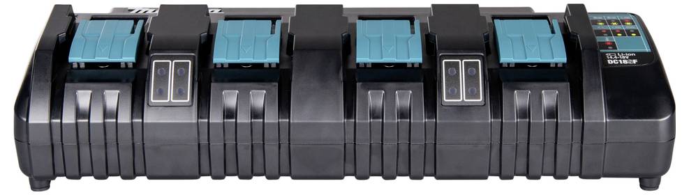 Un caricabatterie nero con quattro batterie blu. A destra si trova un pannello di controllo con diverse spie luminose colorate e tasti.