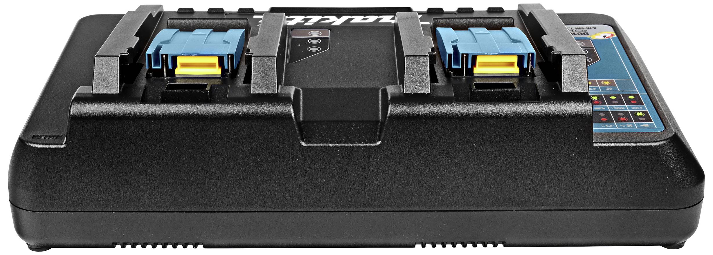 Un caricabatterie doppio nero per batterie, con due connettori blu e un pannello di controllo sul lato destro, nome del marchio in alto.