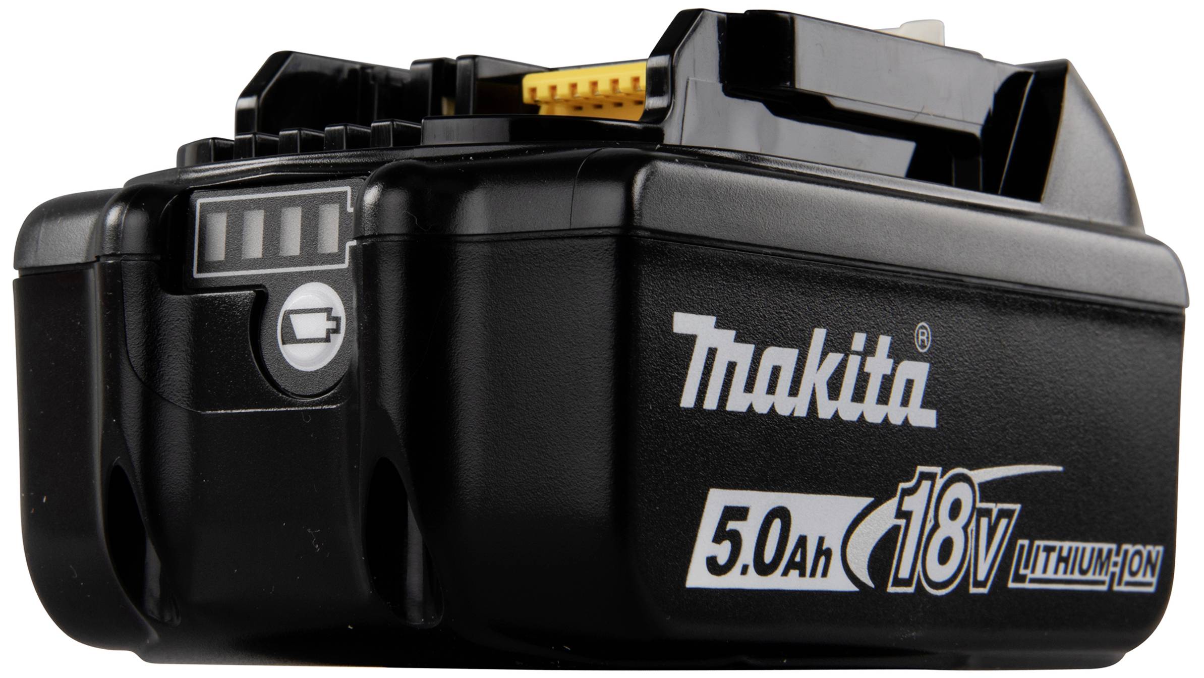 Pacco batteria con indicatore di capacità e scritta 'Makita 5.0Ah 18V Lithium-Ion'.
