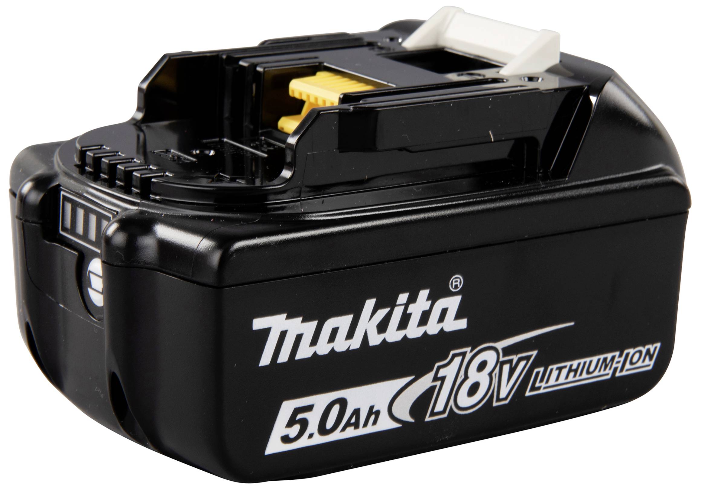 Batteria agli ioni di litio nera Makita da 18 Volt e 5,0 Ah; forma rettangolare, con connettori visibili nella parte superiore.