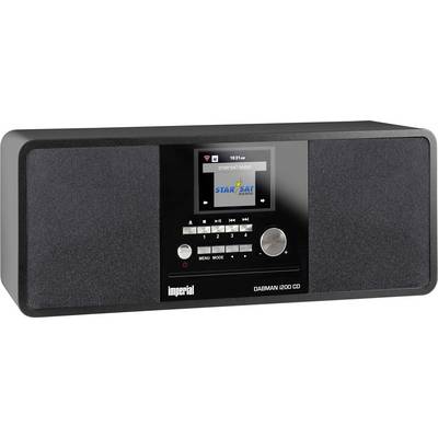Radio digitale con altoparlanti, display al centro che mostra 'Star Sat Radio'. Pulsanti di controllo sotto. Marca: Imperial DABMAN 200 CD.