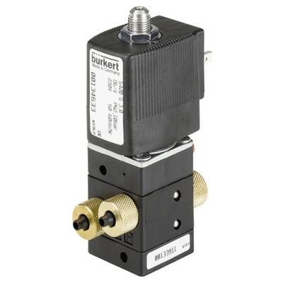 Un elettrovalvola Bürkert nero con componenti metalliche. Mostra dettagli tecnici ed è montato in posizione verticale.