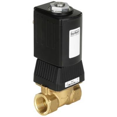 Una valvola del marchio Bürkert, nera con base color ottone. Nome del marchio e origine raffigurati sulla parte superiore.