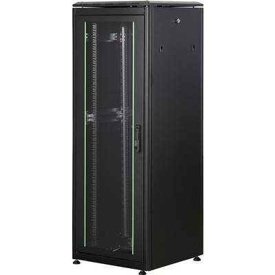 Un armadio rack server nero con porta in vetro, adatto per ospitare apparecchiature di rete o IT in un data center.