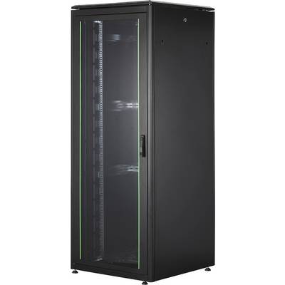 Un armadio rack server nero con porta in vetro e accenti verde brillante, idoneo per la conservazione di dispositivi elettronici nei data center.