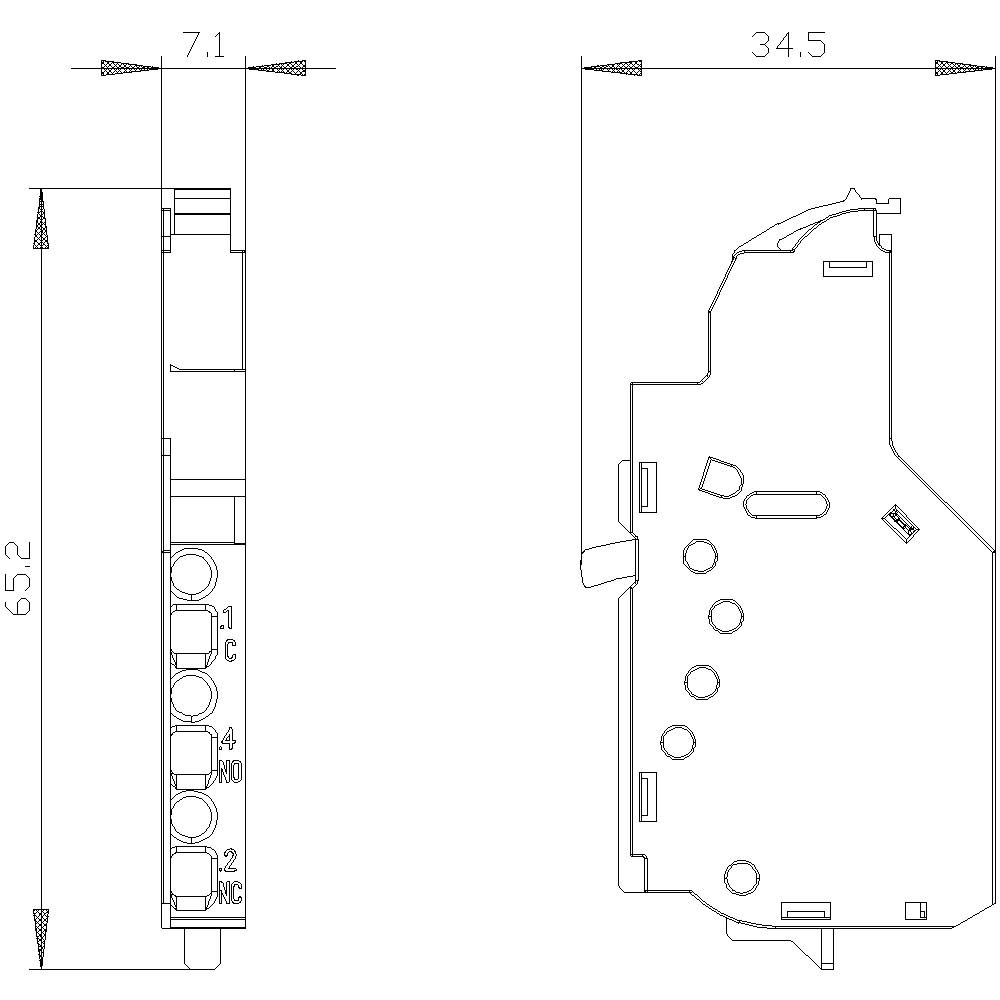 Disegno tecnico di un dispositivo elettronico con dimensioni: altezza 65,2 mm, larghezza 34,5 mm, profondità 7,1 mm. Mostrate vista frontale e laterale.