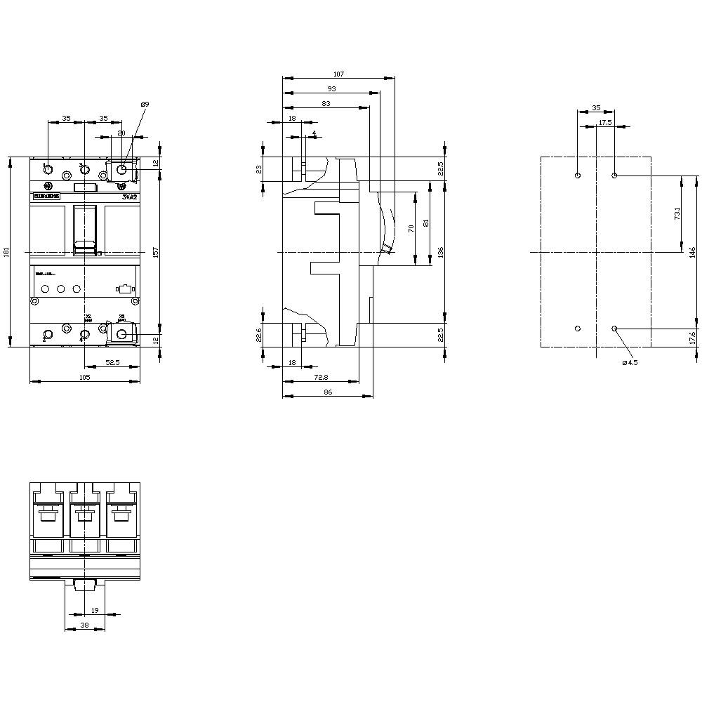 Disegno tecnico di un quadro elettrico con vista frontale, laterale e posteriore. Le misure e le distanze specifiche sono indicate.