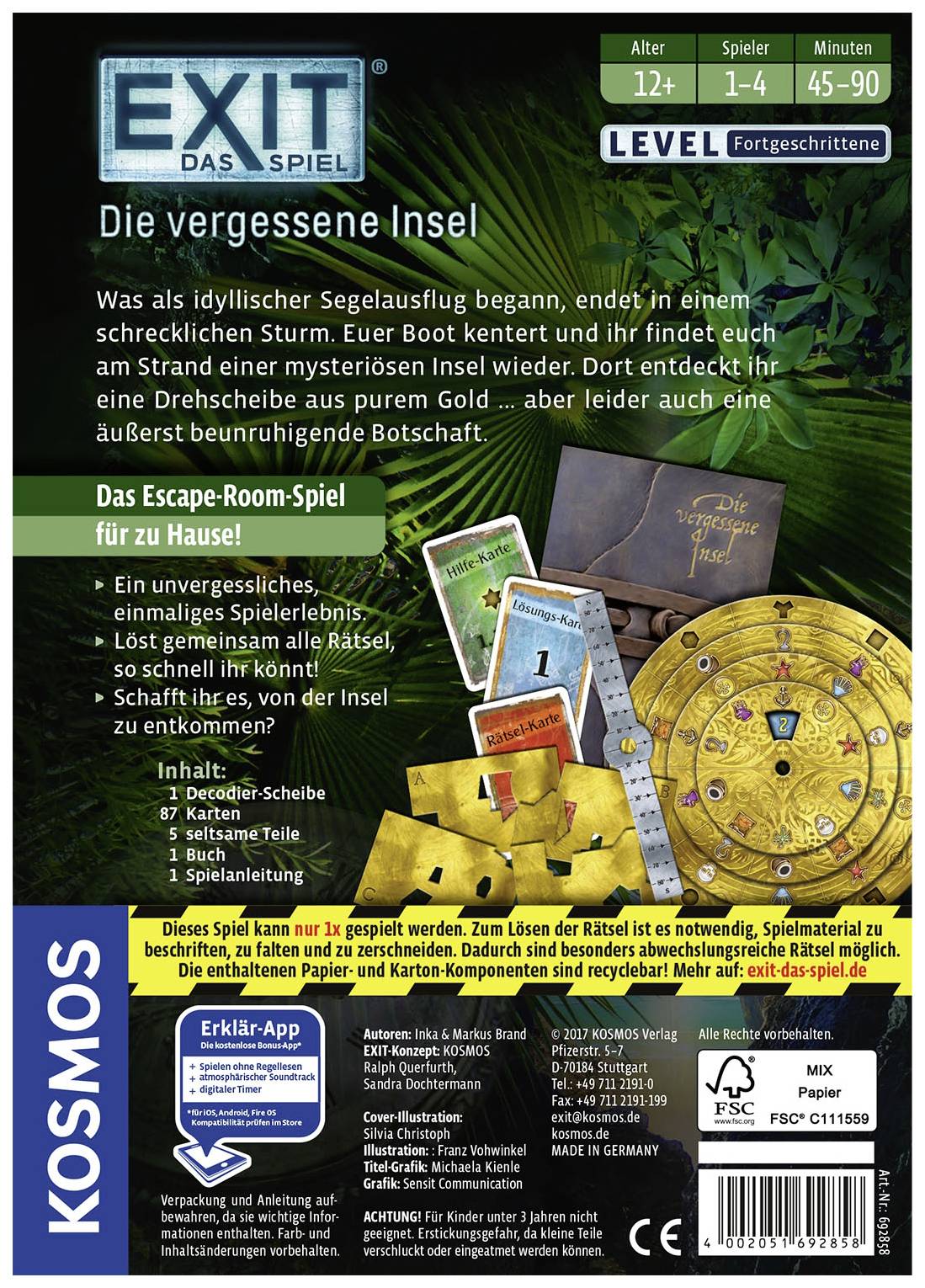 'EXIT - Il gioco: L'isola dimenticata.' Un gioco di escape room per 1-4 giocatori dai 12 anni in su. Durata del gioco: 45-90 minuti. Livello: Avanzato. Contiene enigmi, disco di decodifica, carte.