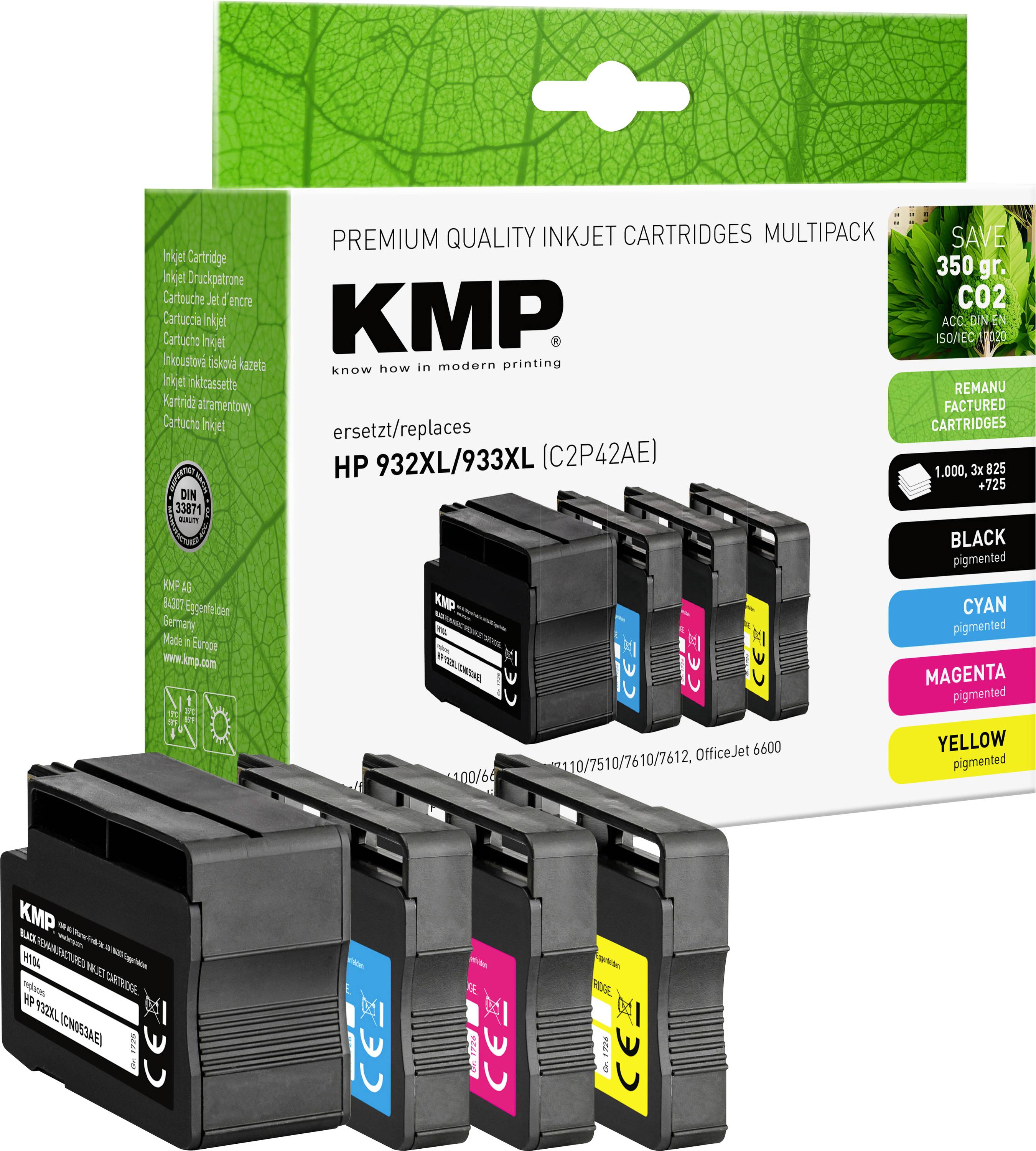Quattro cartucce d'inchiostro in Nero, Ciano, Magenta e Giallo davanti a una confezione con la scritta 'KMP'. Adatte per stampanti HP.