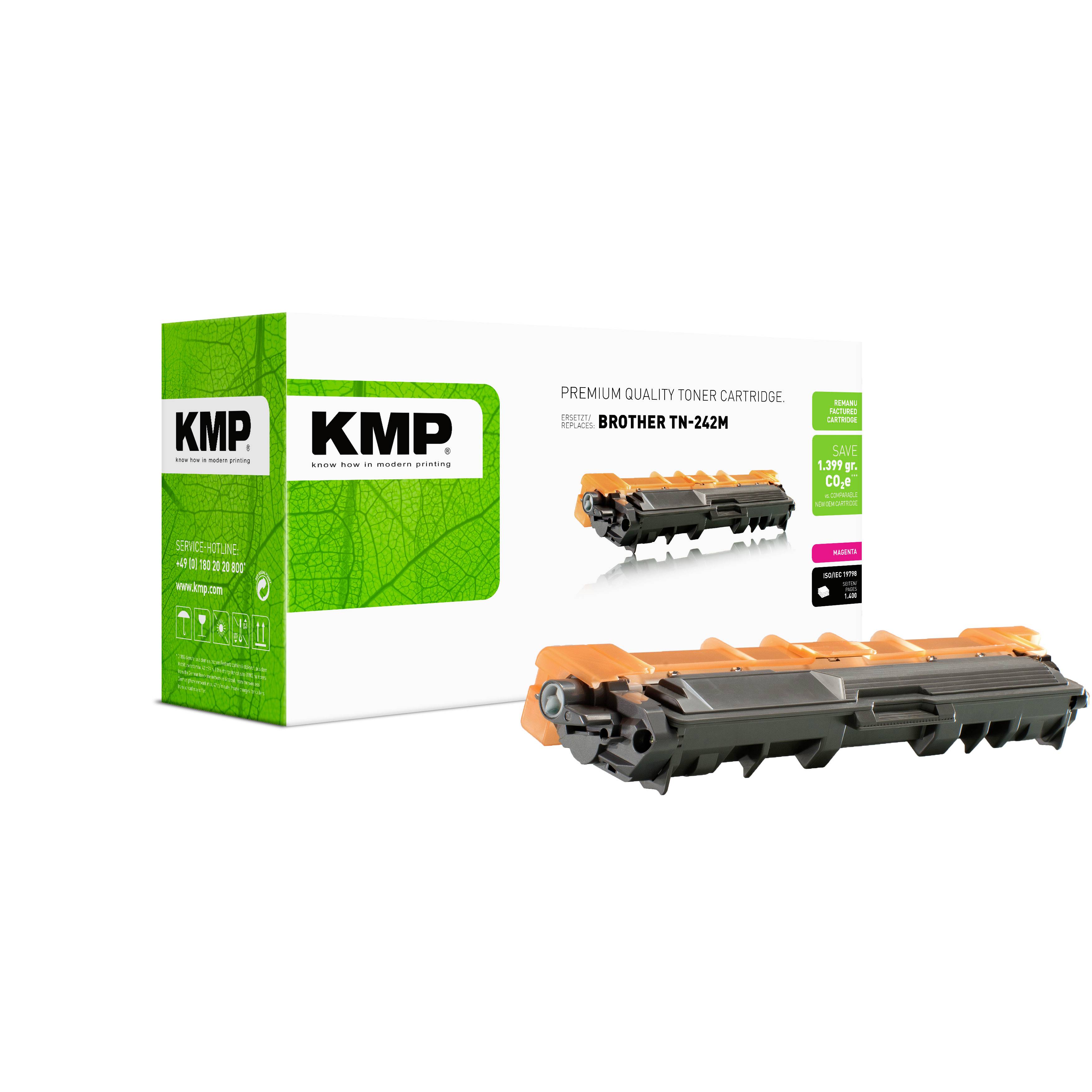 Immagine del prodotto di una cartuccia di toner di qualità premium KMP per Brother TN-242M, mostrata con scatola verde e cartuccia su sfondo bianco.