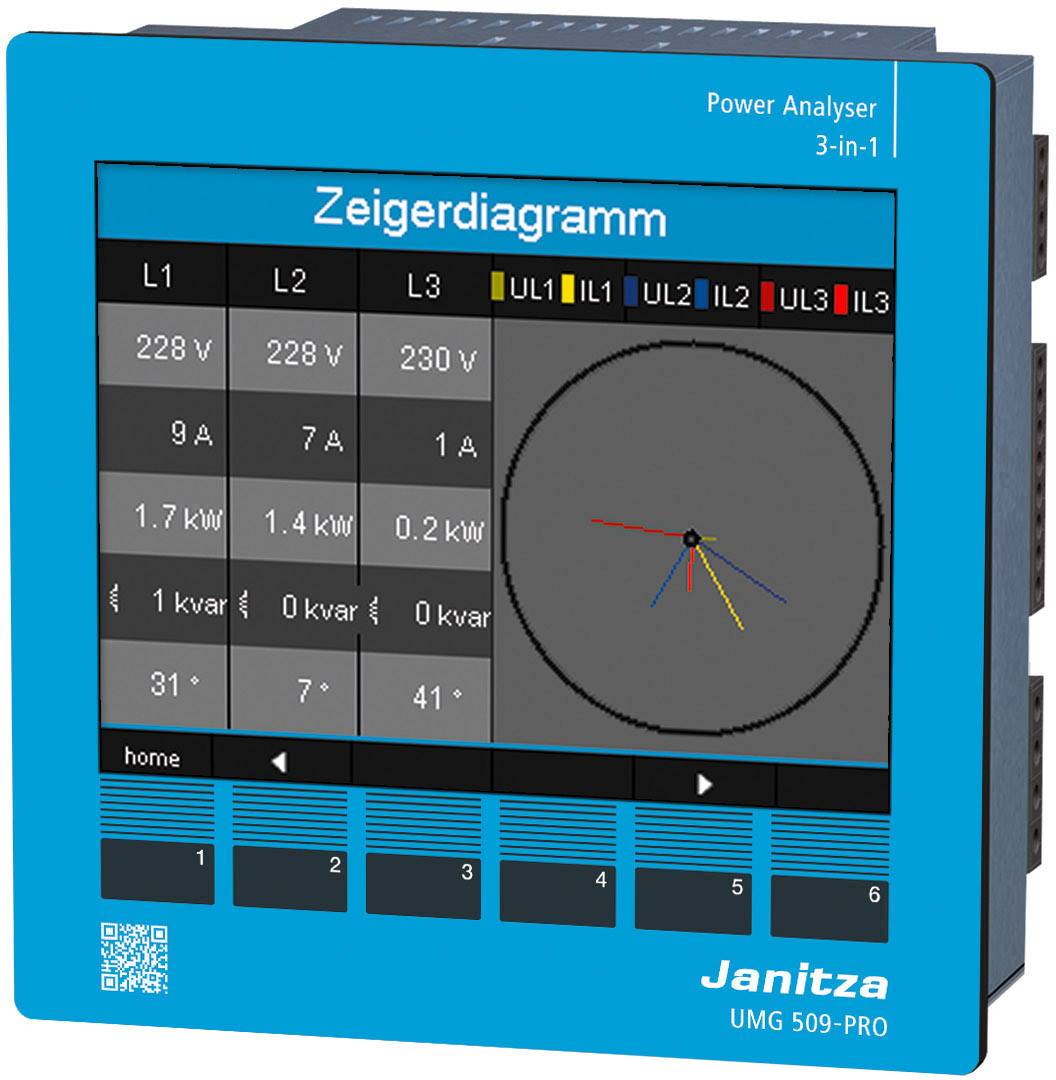 Dispositivo blu di analisi di potenza 'Janitza UMG 509-PRO' mostra un diagramma vettoriale con dati di tensione e potenza per L1, L2, L3.