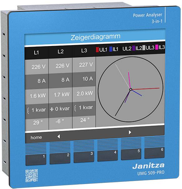 Un dispositivo blu per la visualizzazione di valori elettrici misurati: tensione, corrente, potenza, angolo di fase. Diagramma vettoriale per la vista delle fasi.